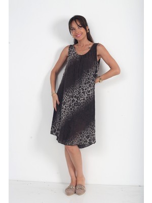 By Saygı Kadın Italyan Cotton Yaka Lastikli Astarlı Leopar Sıfır Kol Midi Elbise