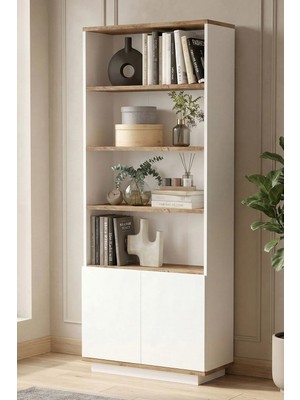 Yurudesign Future 168 cm Kitaplık Raflı 2 Kapaklı Modern Tasarım Çam-Beyaz Geniş Depolama FR16-AW
