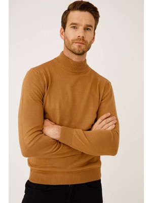 İGS Açık Kahve Modern Fit Dar Kalıp Yarım Balıkçı Düz Uzun Kollu Triko