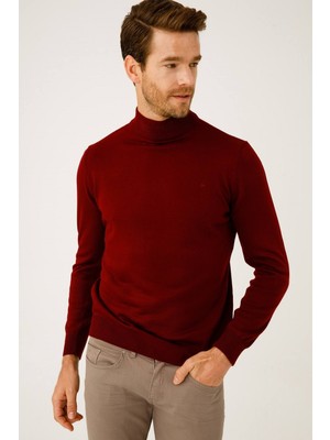İGS Bordo Modern Fit Dar Kalıp Yarım Balıkçı Düz Uzun Kollu Triko