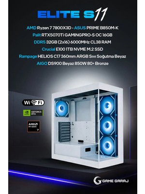 Game Garaj Elite S11 Amd Ryzen 7 7800X3D 32GB RAM 1TB SSD RTX5070Ti 360MM Sıvı Soğutma Freedos Oyuncu OEM Paket