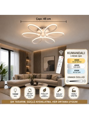 UltraMint Beyaz Papatya 45 cm Led'li Kumandalı Plafonyer Avize, Şık ve Modern Aydınlatma