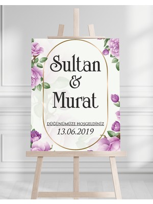 Artrise Dekorasyon Söz Nişan Düğün Için 50X70 Karşılama Panosu - Mor Çiçek Tasarımlı 004