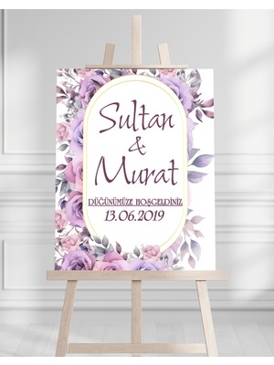 Artrise Dekorasyon Söz Nişan Düğün Için 50X70 Karşılama Panosu - Mor Gül Desenli