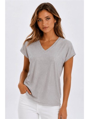 Fashion Friends V Yaka Simli Gri Kadın Bluz 26Y0291K1