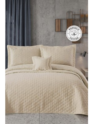 Evlen Home Collection Hayal Çift Kişilik Yatak Örtüsü Dantelli 250 x 260 cm Kapitone Pike Takımı 4 Parça Elyaf Dolgulu  Bej