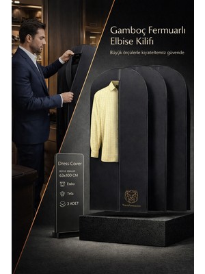 Transformacion 3'lü Set Gamboç Elbise Kılıfı, Fermuarlı Takım Elbise Saklama Kılıfı, Siyah, Nefes Alabilen Tela, 63x100 cm