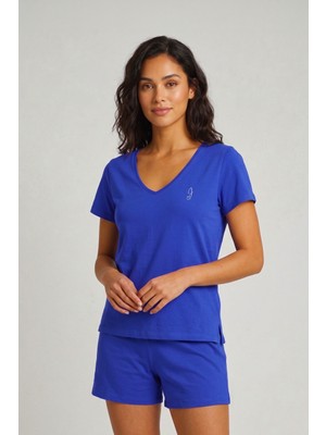 Jaya Pamuklu V Yaka Kısa Şortlu Pijama Takımı / Saks Mavisi