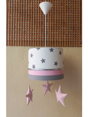 UltraMint Beyaz ve Pembe Yıldızlı Kumaş Sarkıtlı Çocuk ve Bebek Odası Avizesi