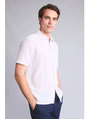DeFacto Regular Fit Polo Yaka Çizgili Pamuklu Kısa Kollu Ecru Gömlek H5950AX26SM
