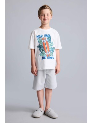 DeFacto %100 Pamuk Regular Fit Baskılı 2'li Ekru Pijama Takımı Erkek Çocuk H8045A826HS