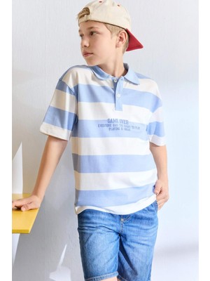 DeFacto %100 Pamuk Oversize Baskılı Kısa Kollu Polo Çizgili Açık Mavi Tişört Erkek Çocuk H6355A826HS