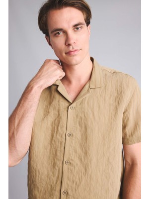 DeFacto Ultra Yumuşak Regular Fit Polo Yaka Çizgili Modal Kısa Kollu Bej Gömlek I0071AX26SM