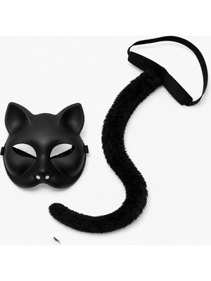 Emh Store Siyah Kedi Maskesi ve Peluş Kuyruk Kostüm Seti 70 cm