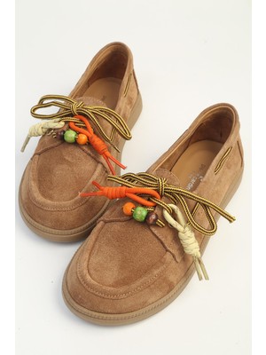 Benetton Kadın Vizon Süet Boncuk Detaylı Bağcıklı Loafer
