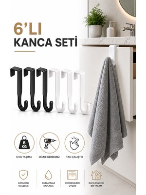 Sas Haus Kapı Üstü Askılık 6'lı Plastik Kanca Seti Havlu Bornoz Çanta Askısı Siyah Beyaz S-161