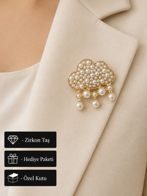 Herşey Nota Hediye Inci Tasarımlı Gold Renk Kadın Broş Rozet Aksesuar