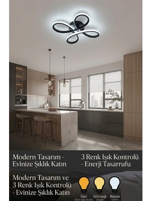 UltraMint Şık Siyah 4'lü LED Plafonyer Avize, Salon, Mutfak ve Çocuk Odası Için