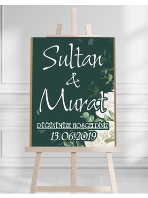 Artrise Dekorasyon Söz Nişan Düğün Için 50X70 Karşılama Panosu - Beyaz Çiçek ve Yeşil Tasarımlı