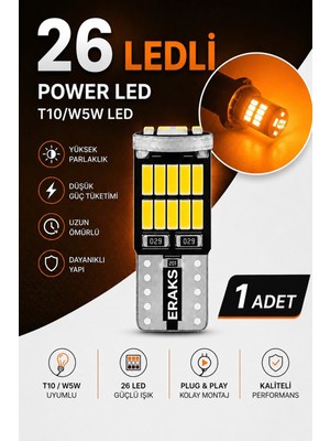 Eraks Car Accesories T10 LED 26 Ledli W5W Canbus Metal Ultra Power Turuncu Park Plaka Tavan Ampulü