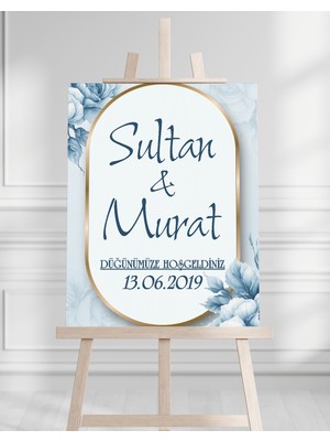 Artrise Dekorasyon Söz Nişan Düğün Için 50X70 Karşılama Panosu - Mavi Çiçek Tasarımlı 002