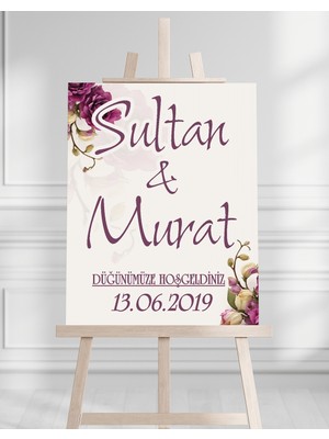 Artrise Dekorasyon Söz Nişan Düğün Için 50X70 Karşılama Panosu - Mor Çiçek Tasarımlı 008