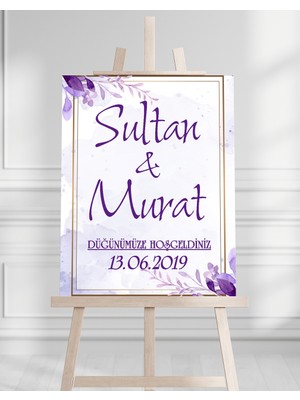 Artrise Dekorasyon Söz Nişan Düğün Için 50X70 Karşılama Panosu - Mor Çiçek Tasarımlı 002