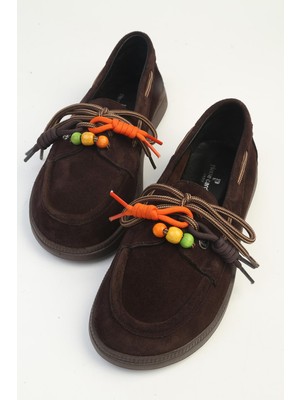 Benetton Kadın Kahverengi Süet Boncuk Detaylı Bağcıklı Loafer