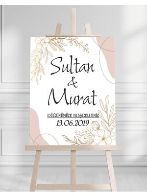 Artrise Dekorasyon Söz Nişan Düğün Için 50X70 Karşılama Panosu - Altın Çiçek Desenli 003