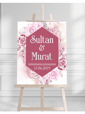 Artrise Dekorasyon Söz Nişan Düğün Için 50X70 Karşılama Panosu - Pembe Gül Desenli