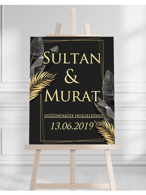 Artrise Dekorasyon Söz Nişan Düğün Için 50X70 Karşılama Panosu - Siyah ve Altın Yaprak Tasarımlı