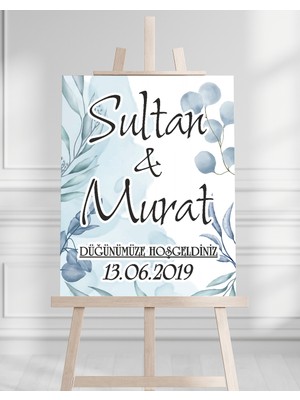 Artrise Dekorasyon Söz Nişan Düğün Için 50X70 Karşılama Panosu - Mavi Çiçek Temalı