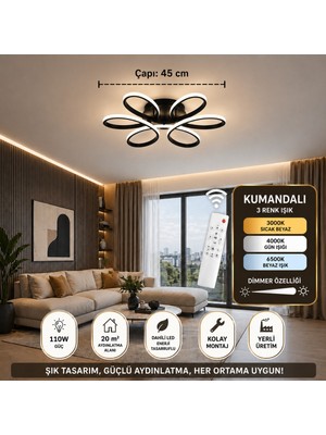 UltraMint Şık Papatya 45CM Siyah Renkli Ledli Kumandalı Plafonyer Avize