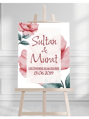 Artrise Dekorasyon Söz Nişan Düğün Için 50X70 Karşılama Panosu - Pembe Çiçek Tasarımlı