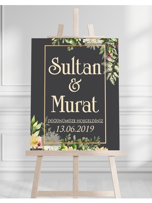 Artrise Dekorasyon Söz Nişan Düğün Için 50X70 Karşılama Panosu - Psiyah ve Gül Çiçek Temalı
