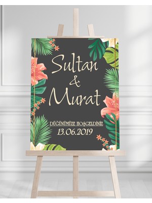Artrise Dekorasyon Söz Nişan Düğün Için 50X70 Karşılama Panosu - Tropikal Çiçek Temalı