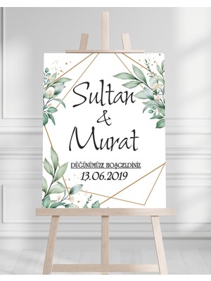 Artrise Dekorasyon Söz Nişan Düğün Için 50X70 Karşılama Panosu - Yeşil Çiçek Tasarımlı 001