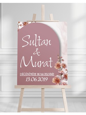 Artrise Dekorasyon Söz Nişan Düğün Için 50X70 Karşılama Panosu - Pembe Çiçek Tasarımlı 002