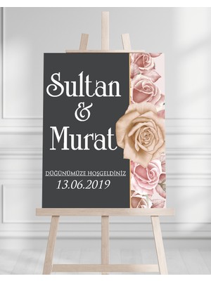 Artrise Dekorasyon Söz Nişan Düğün Için 50X70 Karşılama Panosu - Siyah ve Pembe Çiçek Tasarımlı