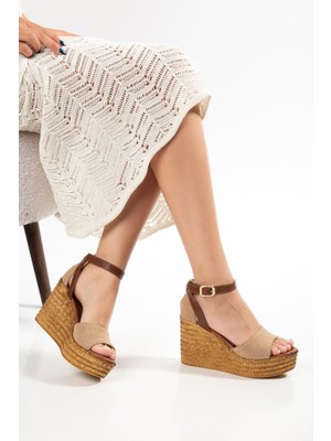 Suins Shoes Suins Guessa Hasır Desenli Kadın Dolgu Taban Sandalet Ayakkabı