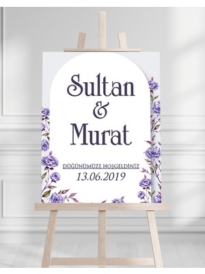 Artrise Dekorasyon Söz Nişan Düğün Için 50X70 Karşılama Panosu - Mor Çiçek Tasarımlı 005