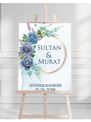 Artrise Dekorasyon Söz Nişan Düğün Için 50X70 Karşılama Panosu - Mavi Gül Desenli 002