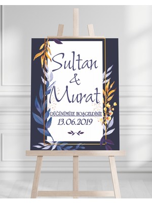 Artrise Dekorasyon Söz Nişan Düğün Için 50X70 Karşılama Panosu - Mavi Renk Çiçek Temalı 06