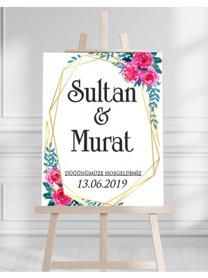 Artrise Dekorasyon Söz Nişan Düğün Için 50X70 Karşılama Panosu - Renkli Çiçek ve Yaprak Tasarımlı