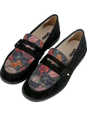 Dogo Kadın Vegan Deri Siyah Loafer - Black Floral Tasarım
