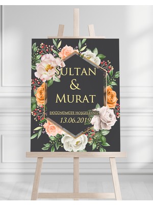 Artrise Dekorasyon Söz Nişan Düğün Için 50X70 Karşılama Panosu - Siyah ve Beyaz Gül Tasarımlı