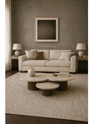 Miarik Design Dekoratif 3lü Ahşap ve Traverten Orta Sehpa