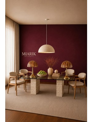 Miarik Design Traverten Mermer Kup Ayakli Sahra Cam Tablali Yemek Masasi