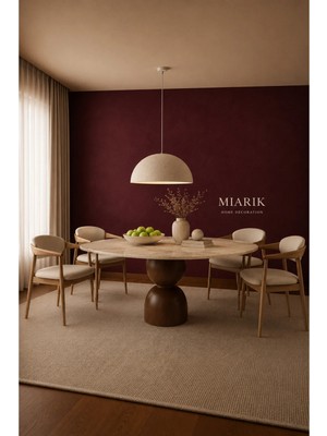 Miarik Design Yuvarlak Ahşap Bogum Ayak Traverten Tabla Mermer Yemek Masası