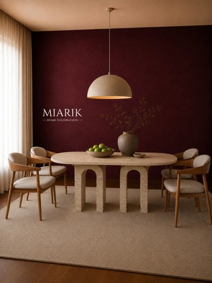 Miarik Design Eliz Traverten Yemek Masası - Köşe Yuvarlak Kesim, Traverten U/n Ayak